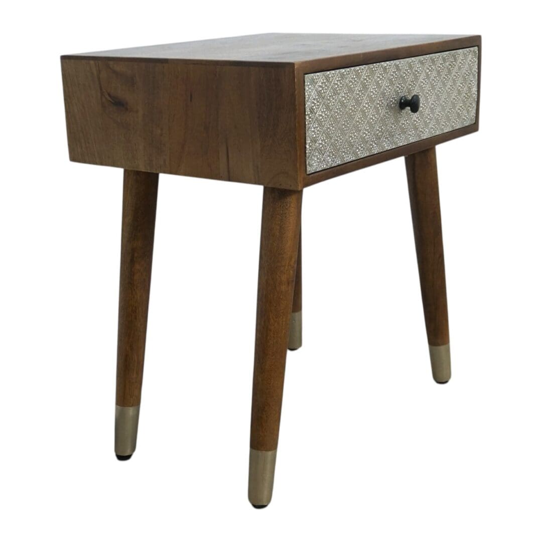 Hand Crafted Solid Wood Side Table with Metal Embossed Drawer image 5