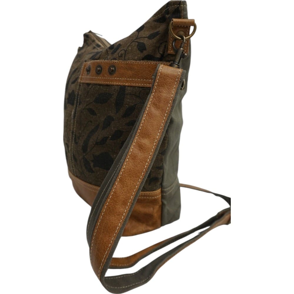 Cotton Canvas and Leather Floral Khaki Green Crossbody Bag image 5