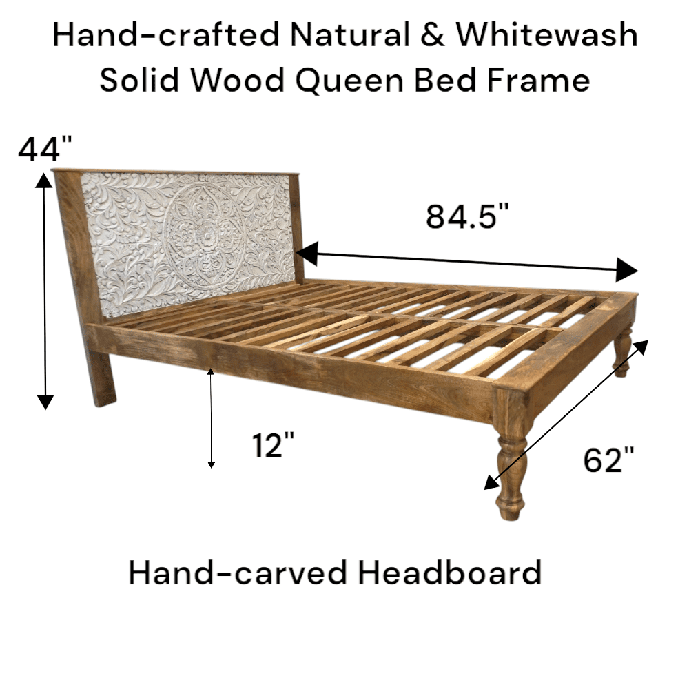 Hand-Carved Queen Bedframe Natural Whitewashed Floral image 11