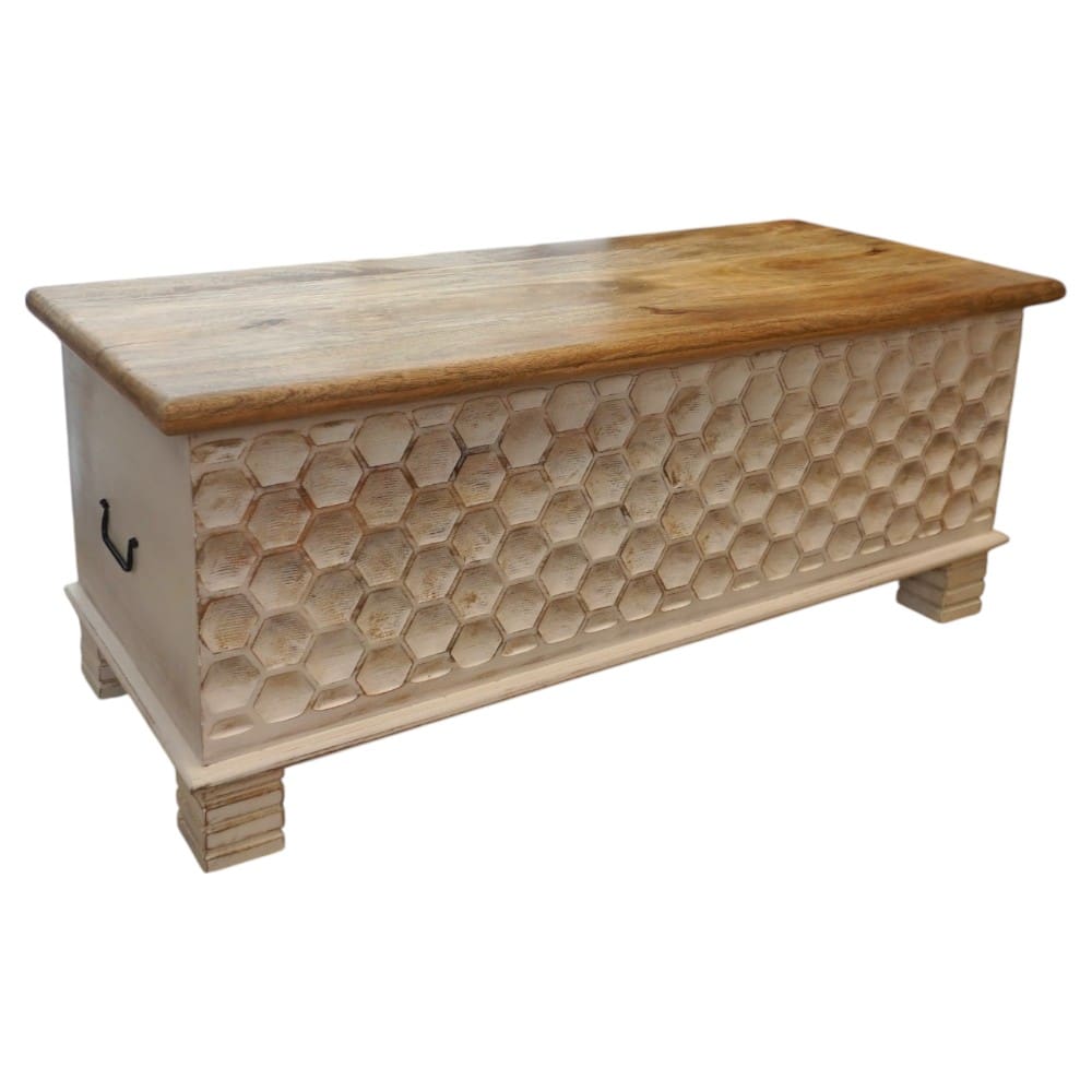Hand-carved Large Solid Wood Bench Trunk Honeycomb Design image 8