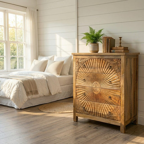 Hand-Carved Four Drawer Natural Wood Dresser image 0