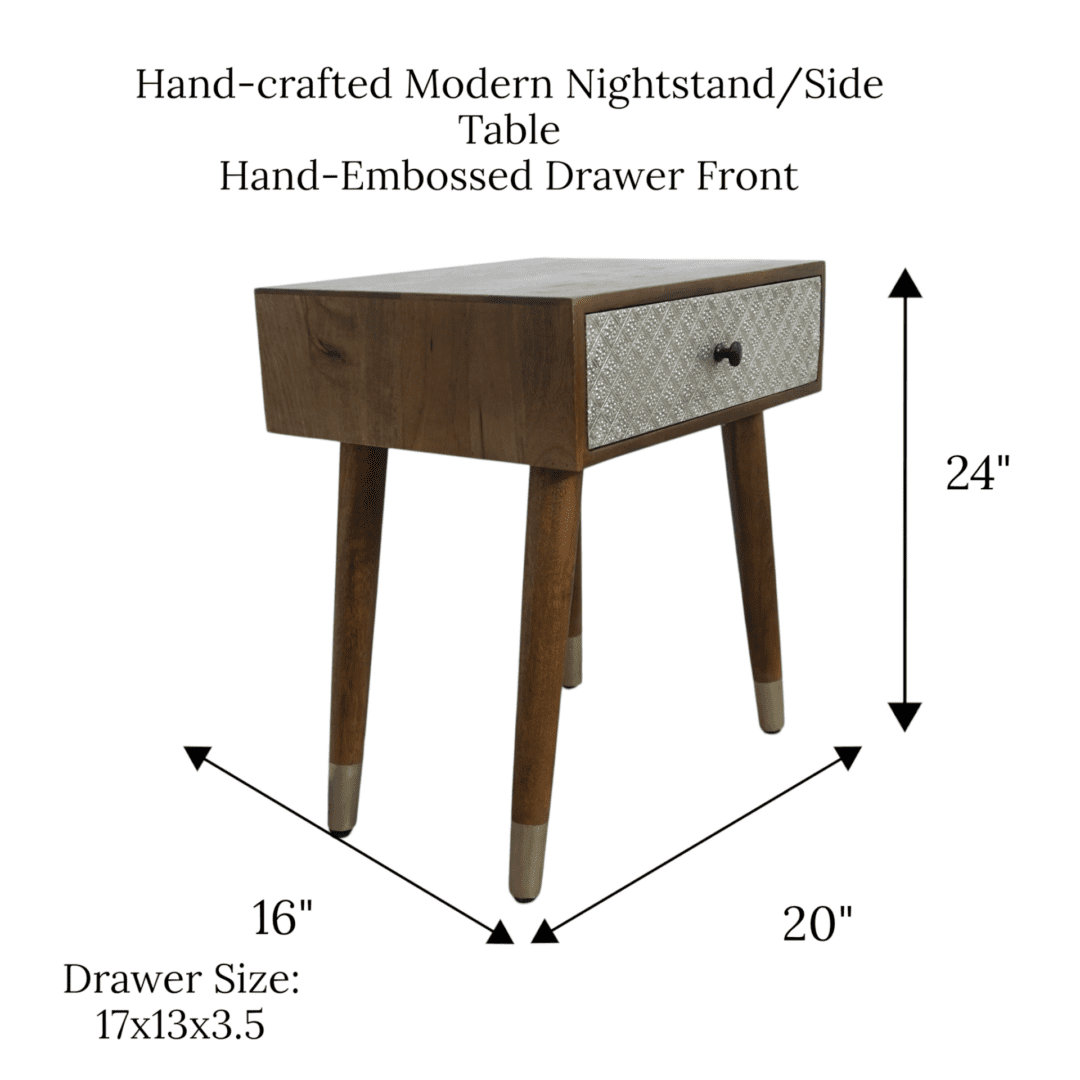 Hand Crafted Solid Wood Side Table with Metal Embossed Drawer image 8