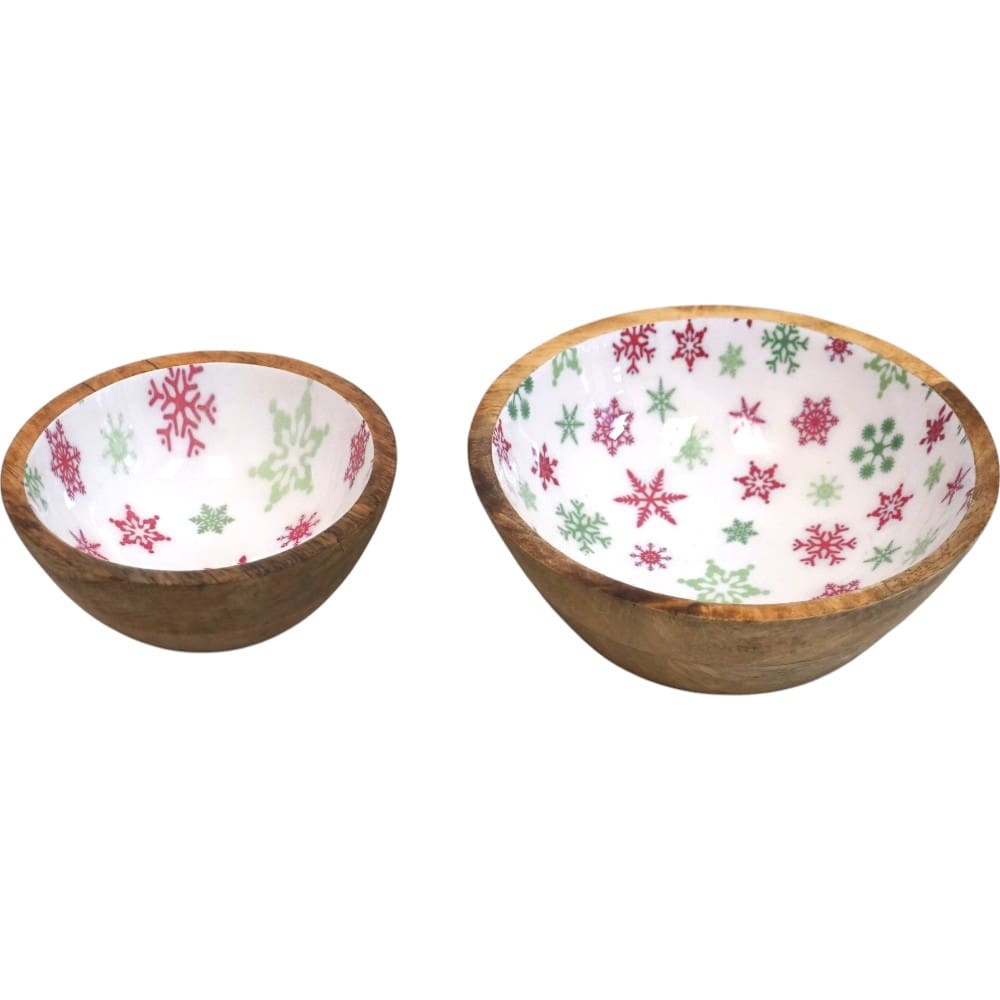 Set of 2 Winter Bowls in Natural Wood with White Enamel image 2