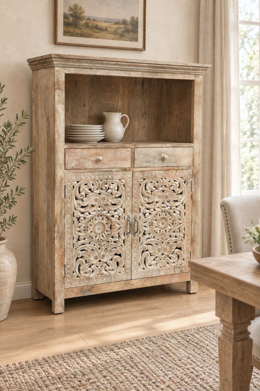 Handmade 39" Mango Wood Dining Room Cabinet | Hand-Carved Doors & Stemware Rails