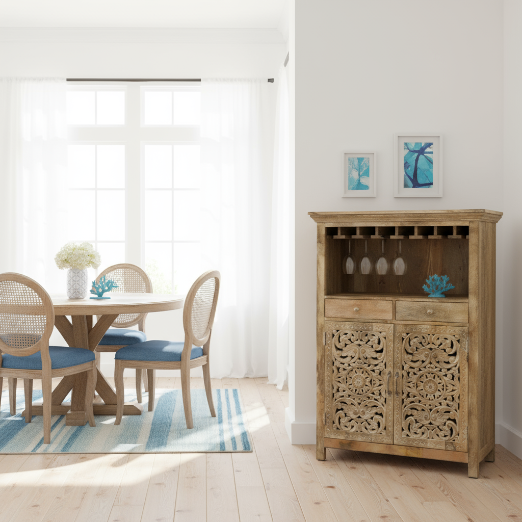 Hand-carved Mango Wood Bar Cabinet