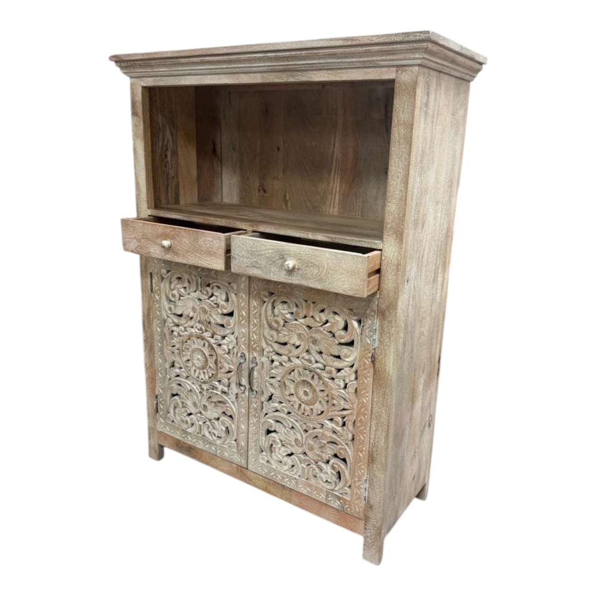 Handmade 39" Mango Wood Dining Room Cabinet | Hand-Carved Doors & Stemware Rails
