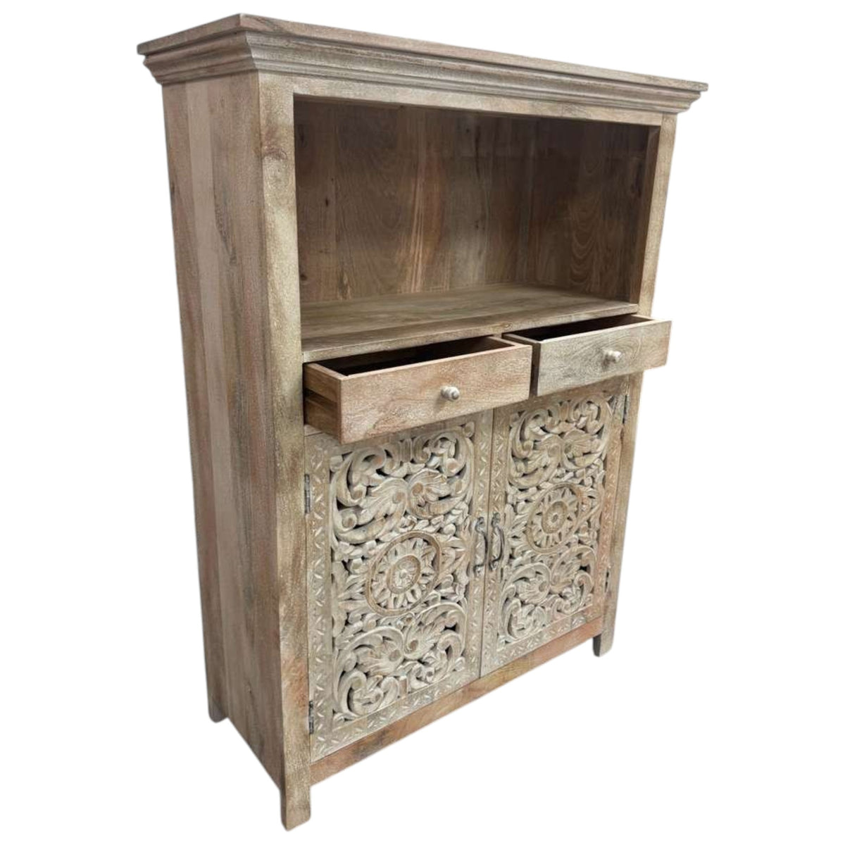 Handmade 39" Mango Wood Dining Room Cabinet | Hand-Carved Doors & Stemware Rails