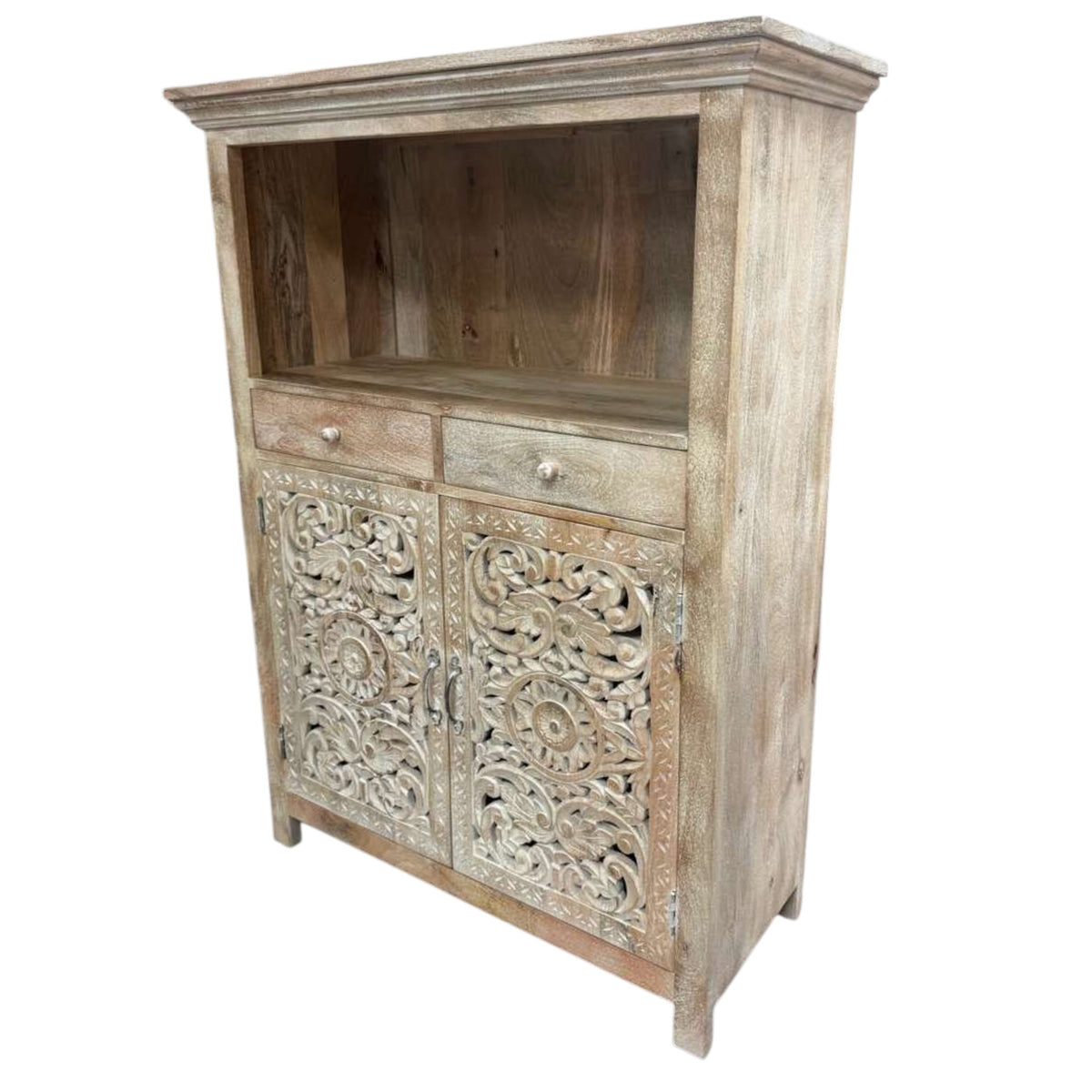 Handmade 39" Mango Wood Dining Room Cabinet | Hand-Carved Doors & Stemware Rails
