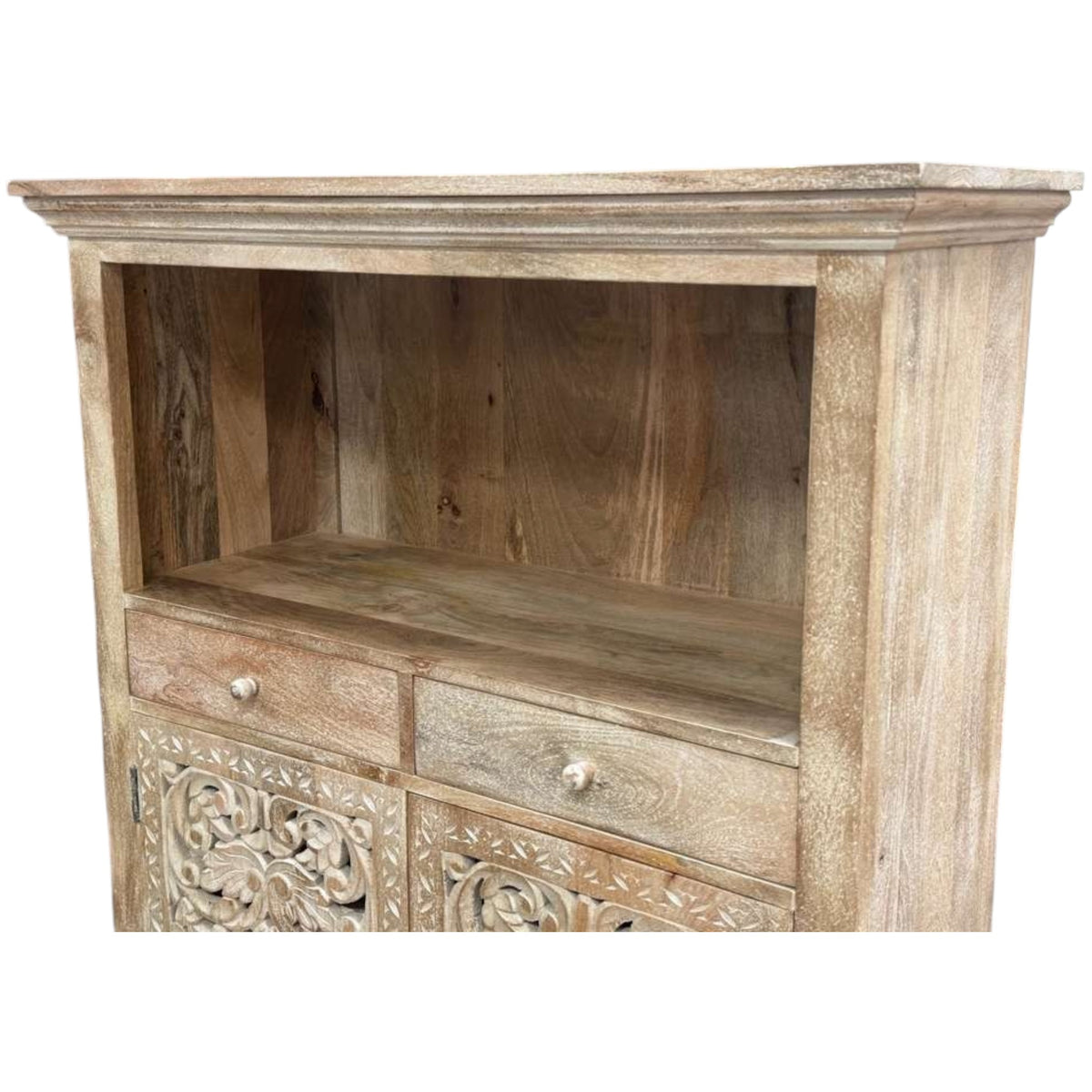 Handmade 39" Mango Wood Dining Room Cabinet | Hand-Carved Doors & Stemware Rails