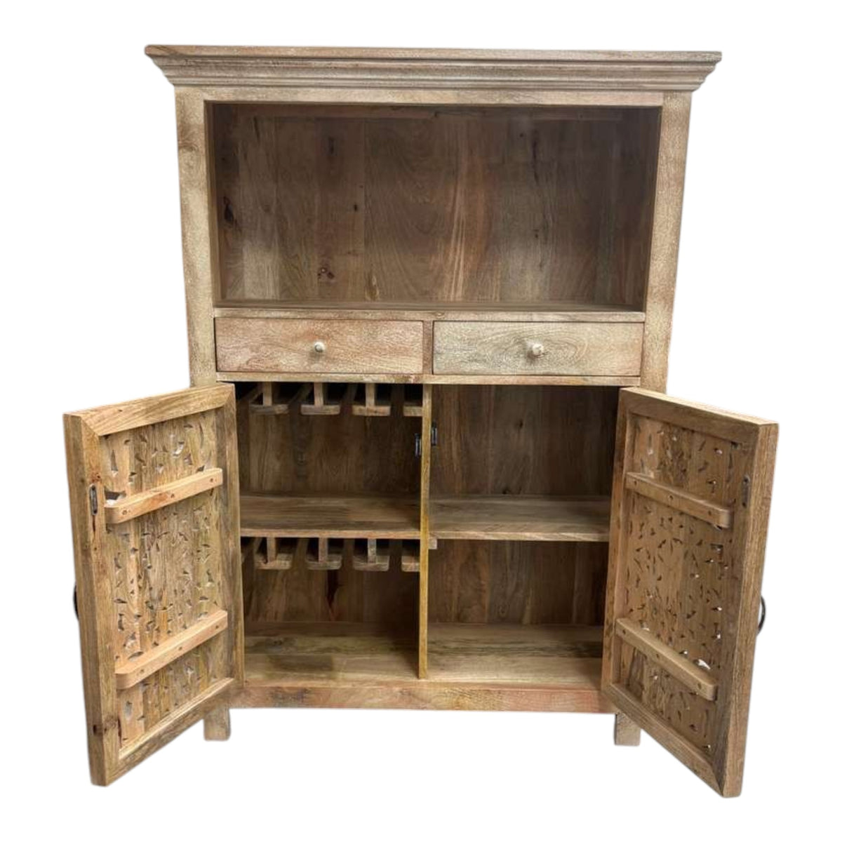 Handmade 39" Mango Wood Dining Room Cabinet | Hand-Carved Doors & Stemware Rails
