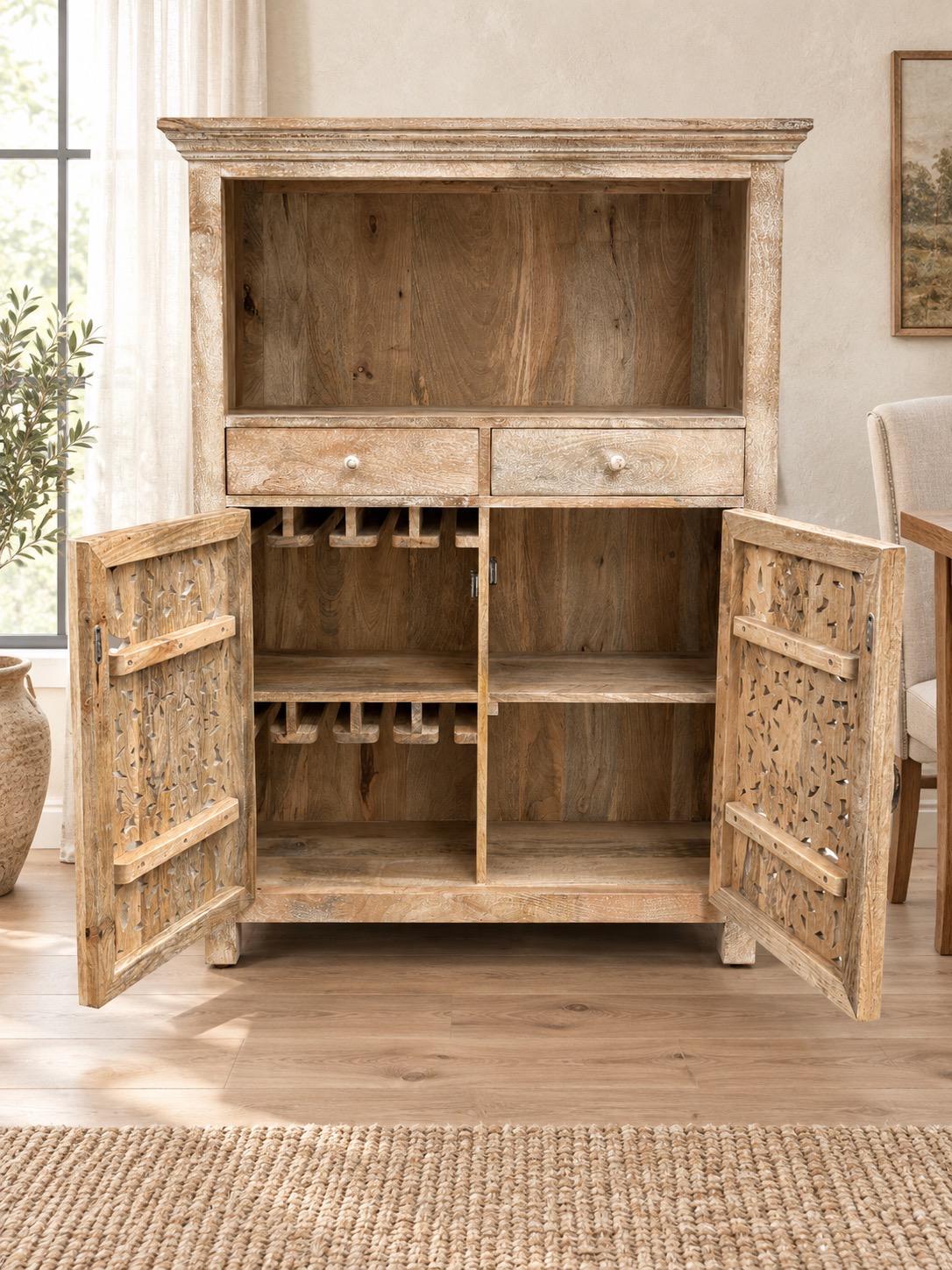 Handmade 39" Mango Wood Dining Room Cabinet | Hand-Carved Doors & Stemware Rails