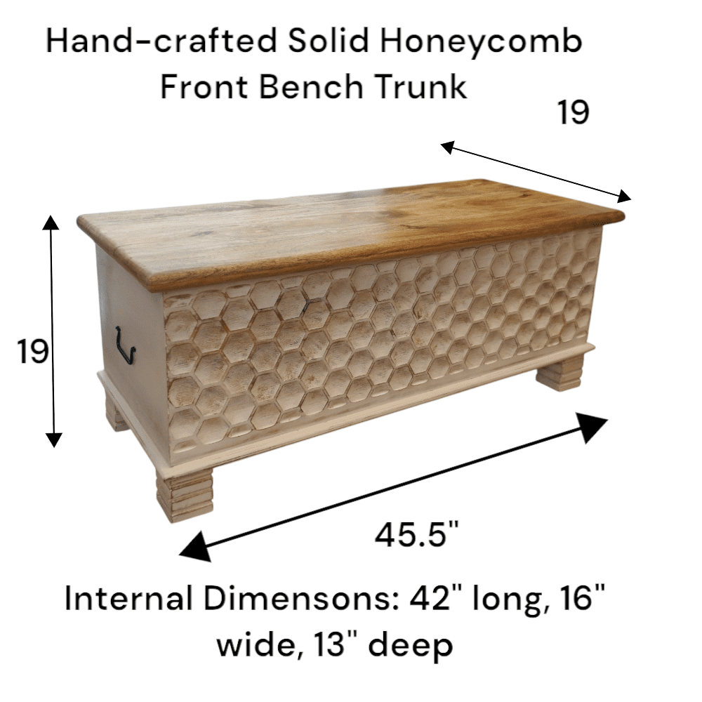Hand-carved Large Solid Wood Bench Trunk Honeycomb Design image 9