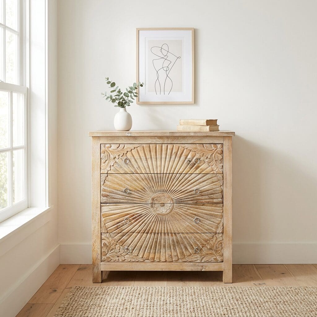 Hand-Carved Four Drawer Sandblast Wood Dresser image 11