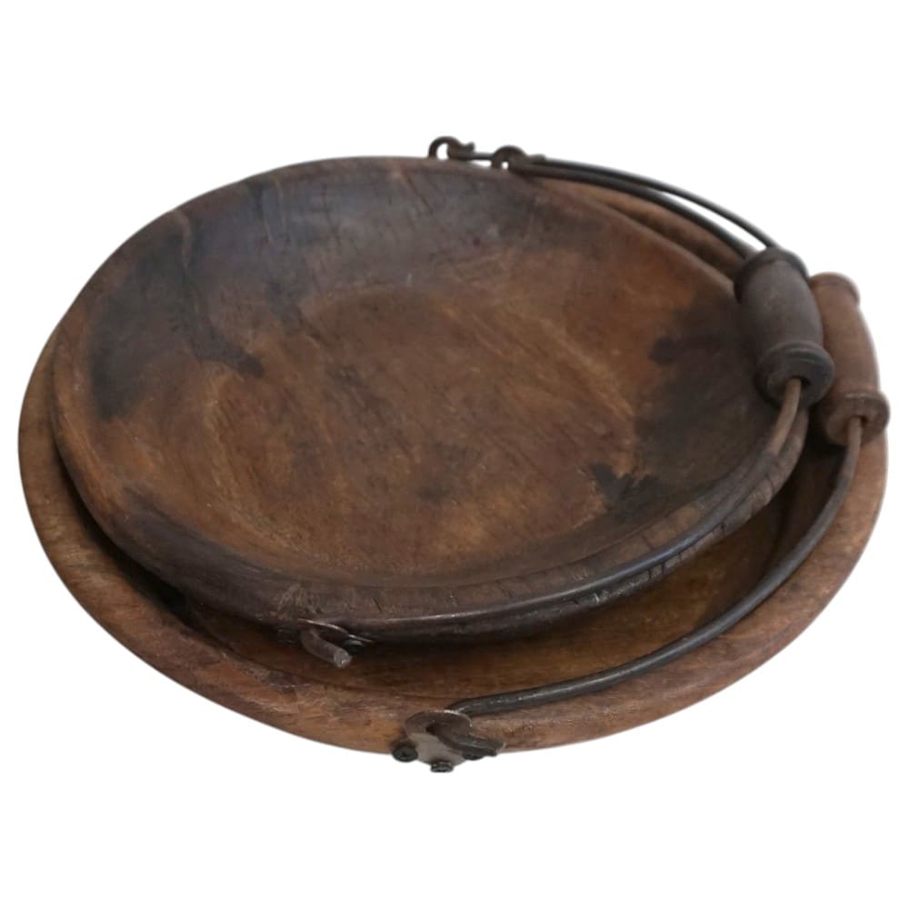 Vintage Wooden Bowls with a Handle Set of 2 image 3