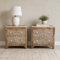 Set of 2 Hand-Carved Geometric Mango Wood Nightstands | Whitewash Finish & Fully Assembled