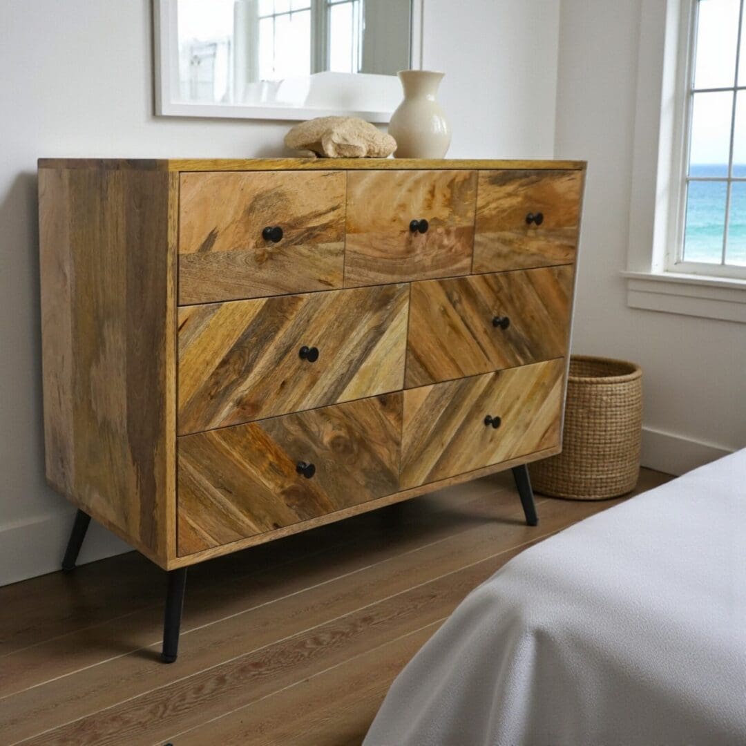 Natural Wood 7 Drawer Dresser with Metal Legs image 3