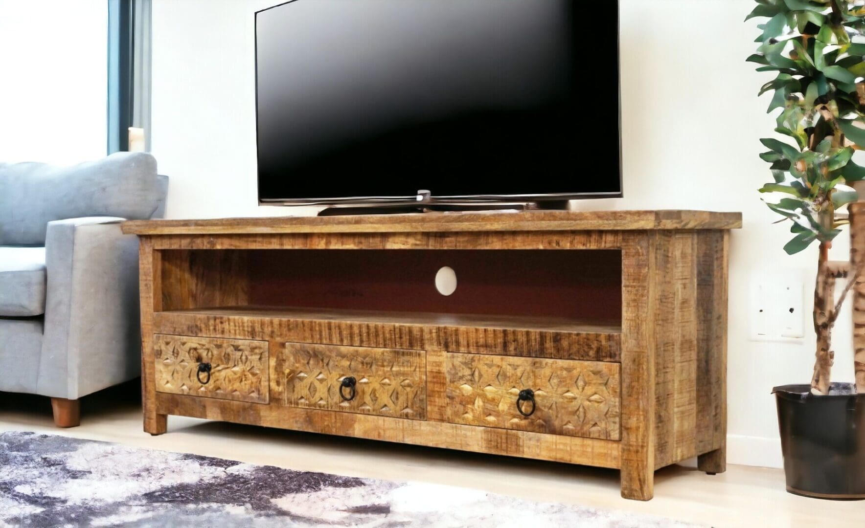 Natural Wood TV Stand with 3 Drawers Hand-crafted image 0