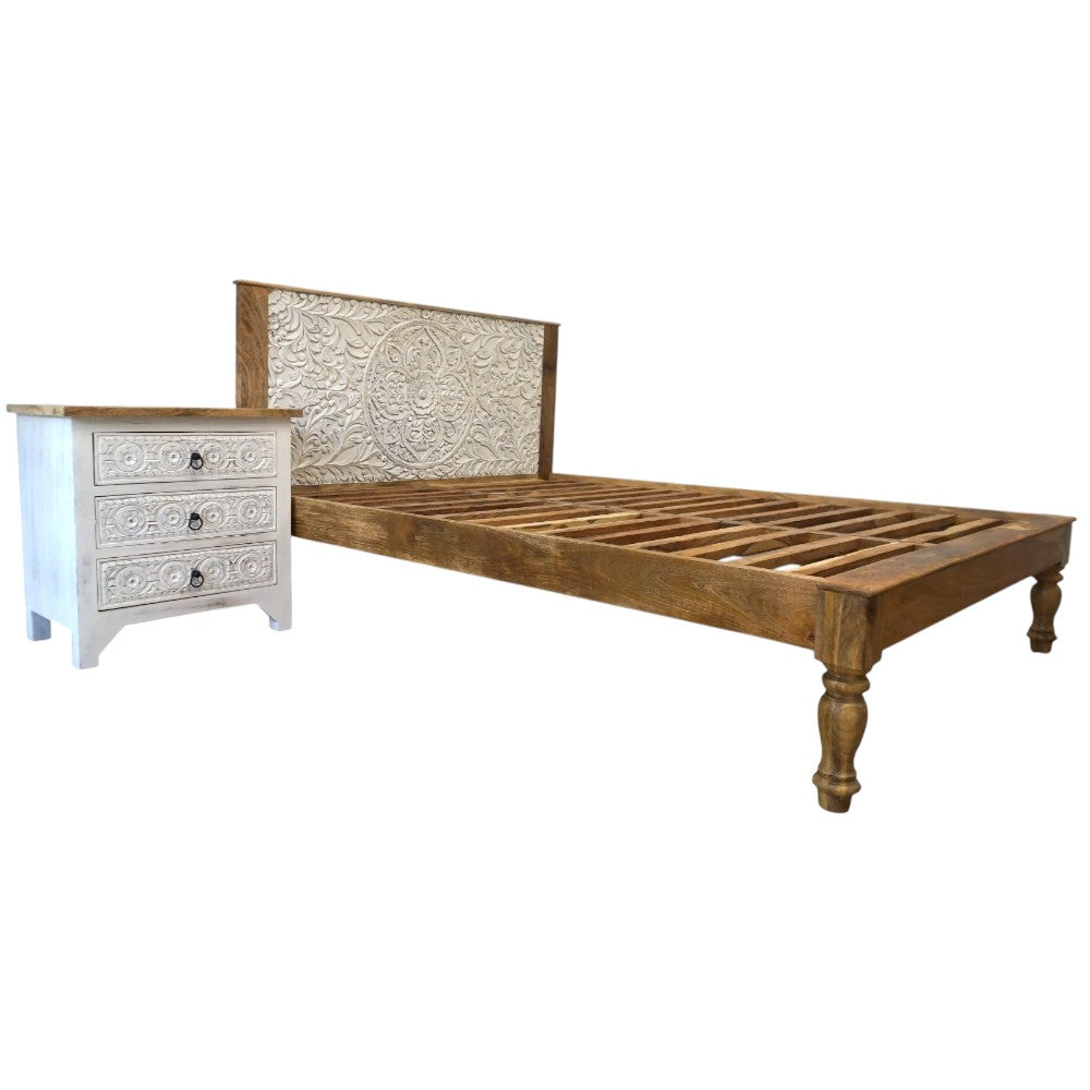 Hand-Carved King Bedframe Natural Whitewash Floral image 4