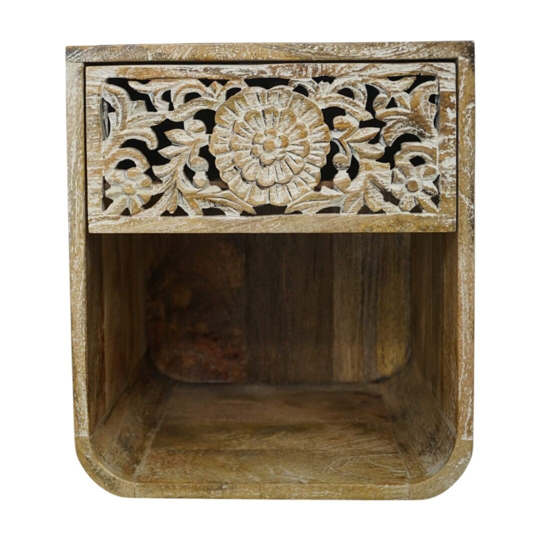 Hand Carved Mango Wood Wall Mounted Nightstand Sandblast Wood - Single image