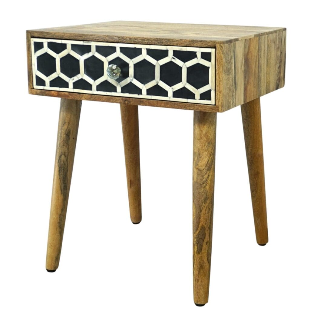 Hand Crafted Solid Wood Side Table with Bone Inlay Drawer image 3