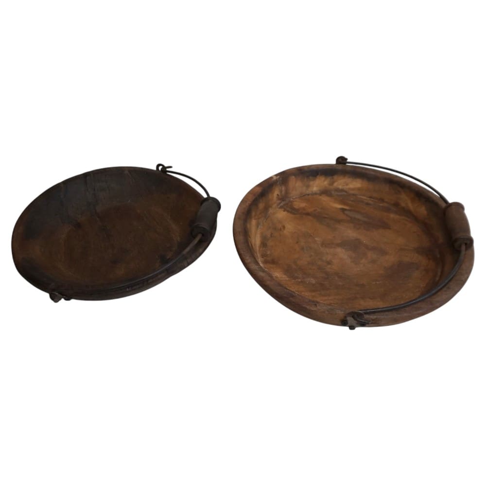 Vintage Wooden Bowls with a Handle Set of 2 image 2