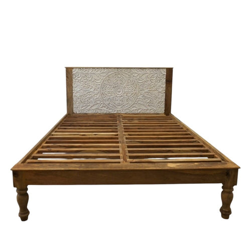 Hand-Carved King Bedframe Natural Whitewash Floral image 1