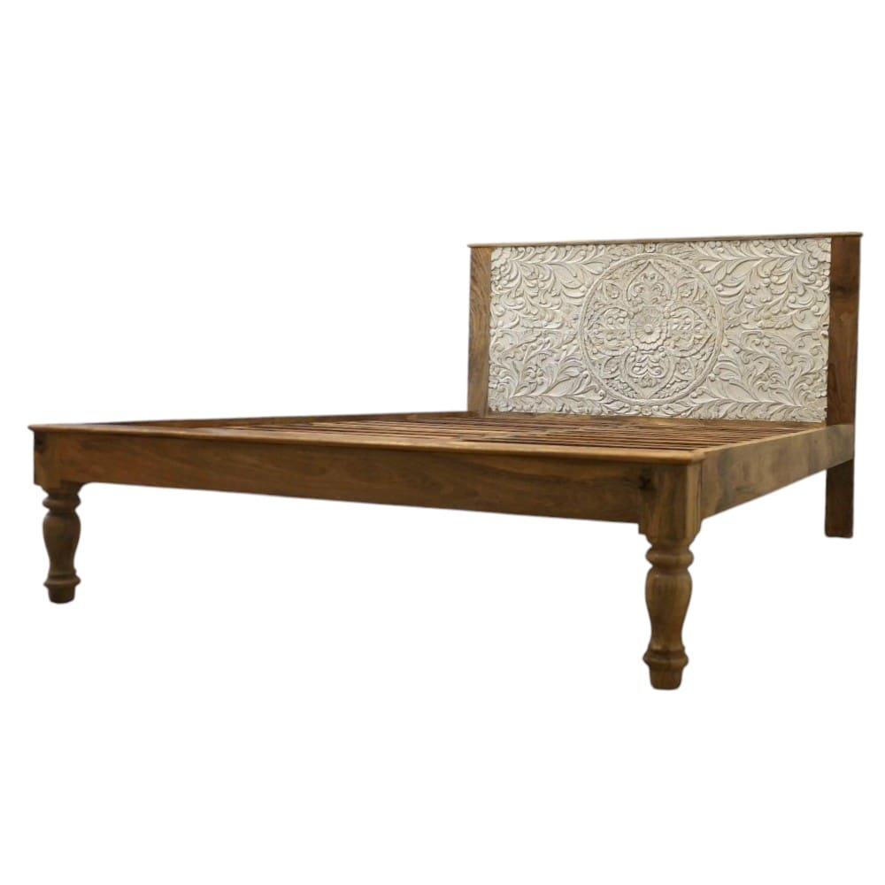 Hand-Carved Queen Bedframe Natural Whitewashed Floral image 6