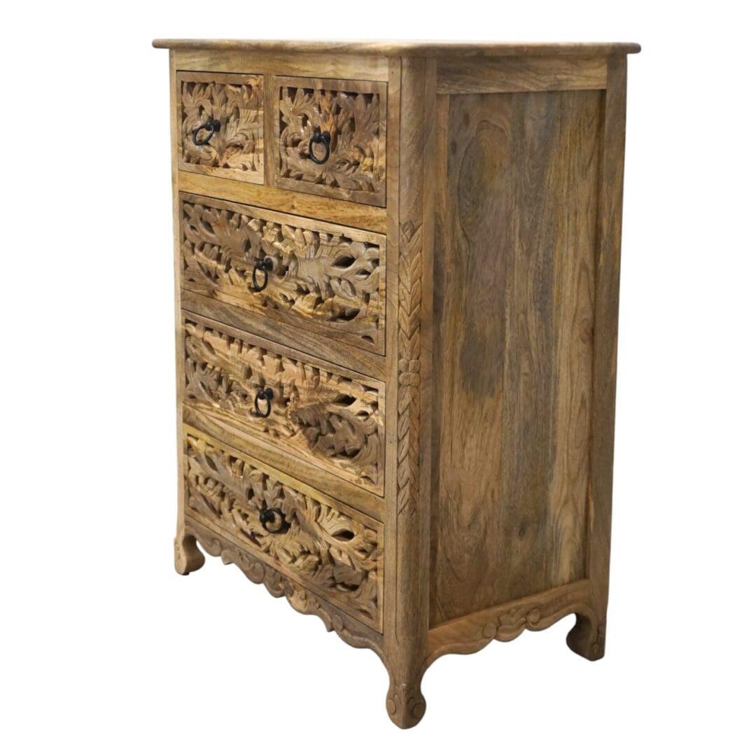 Hand-carved Natural Wood 5-Drawer Dresser image 3