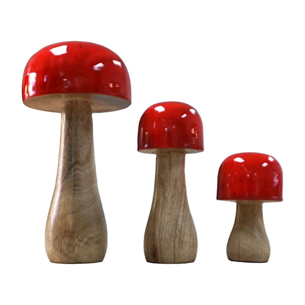 Hand-crafted Whimsical Wooden Mushrooms Set of 3 Red image 4