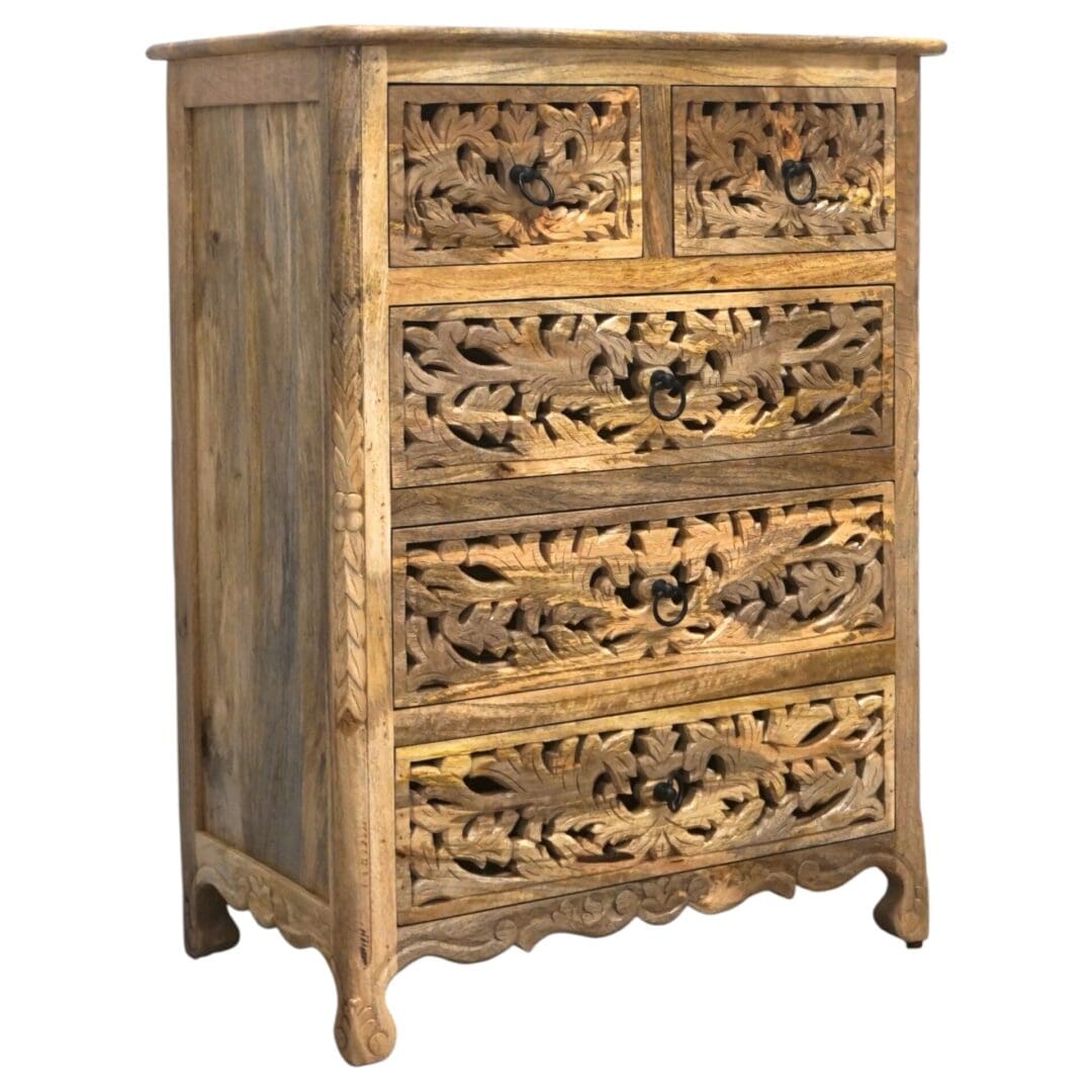 Hand-carved Natural Wood 5-Drawer Dresser image 5