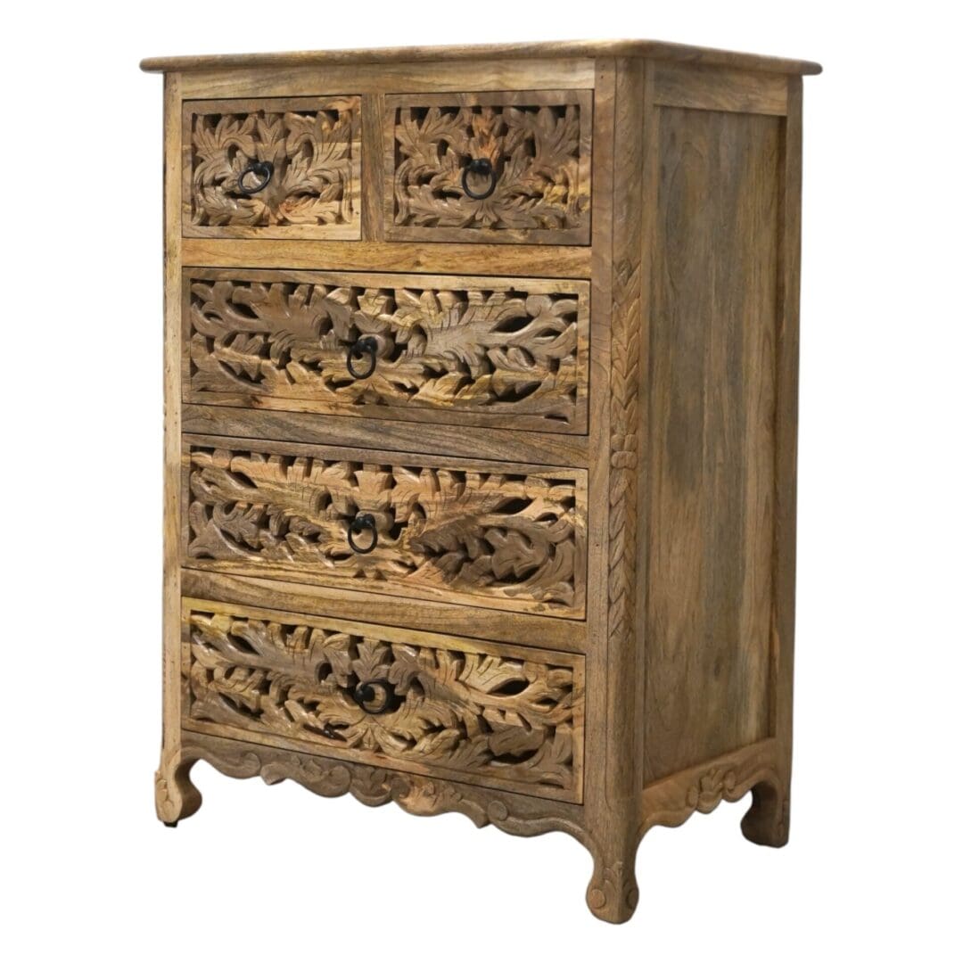 Hand-carved Natural Wood 5-Drawer Dresser