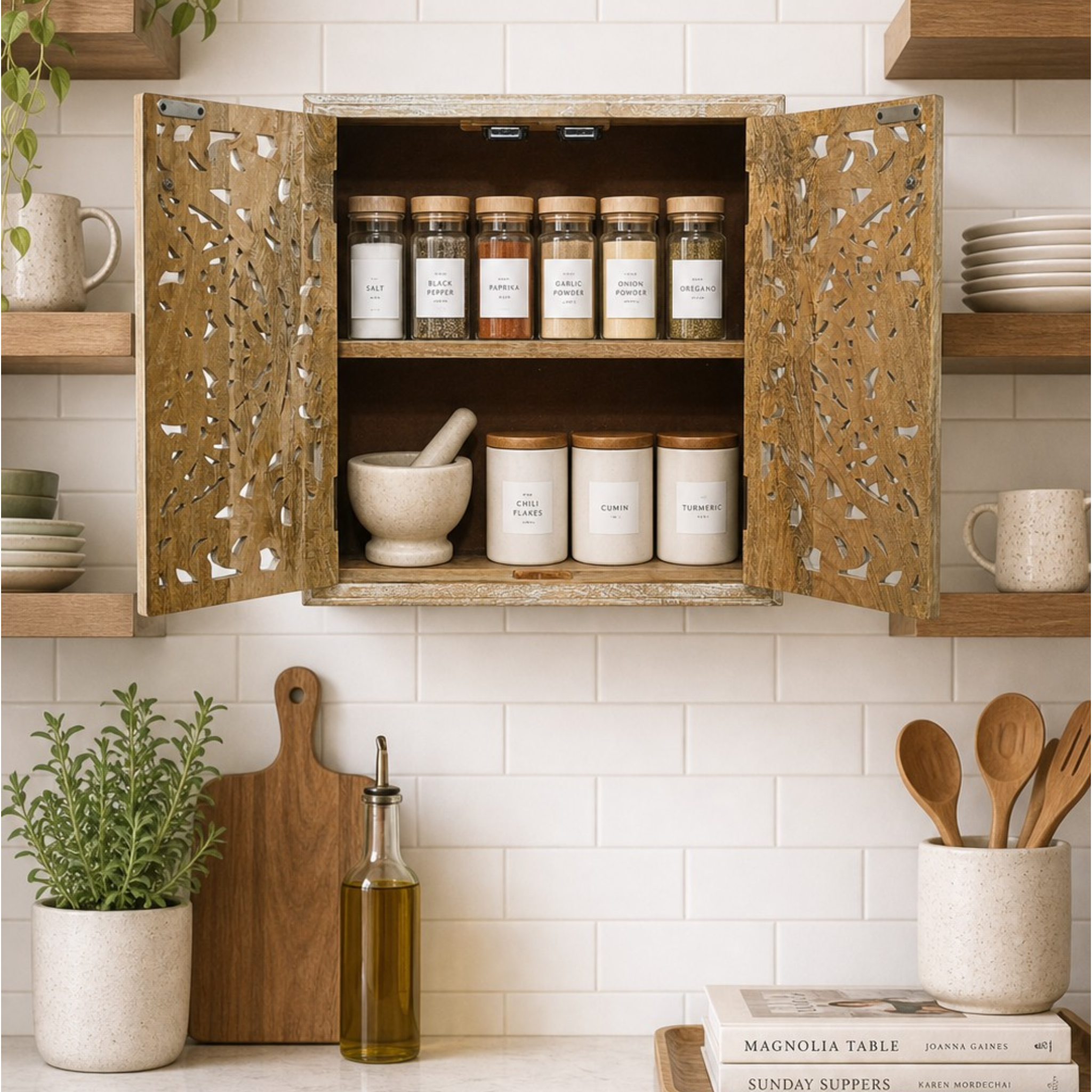 Handcrafted Mango Wood Bathroom Medicine Cabinet | Hand-Carved Cutout Doors