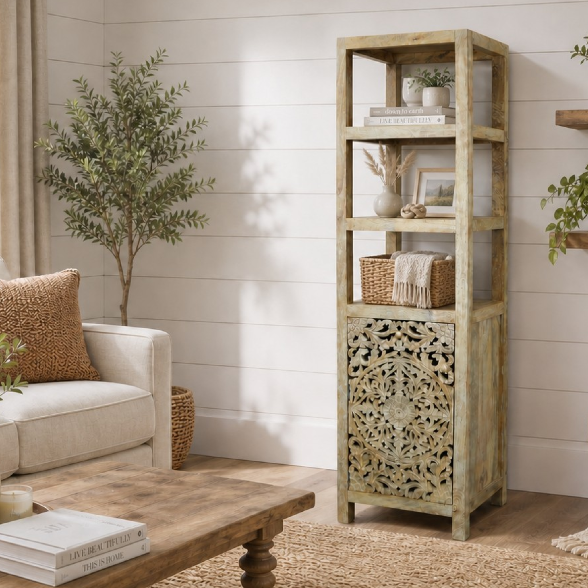 Handcrafted Mango Wood Linen Tower Cabinet | Hand-Carved Cutout Doors