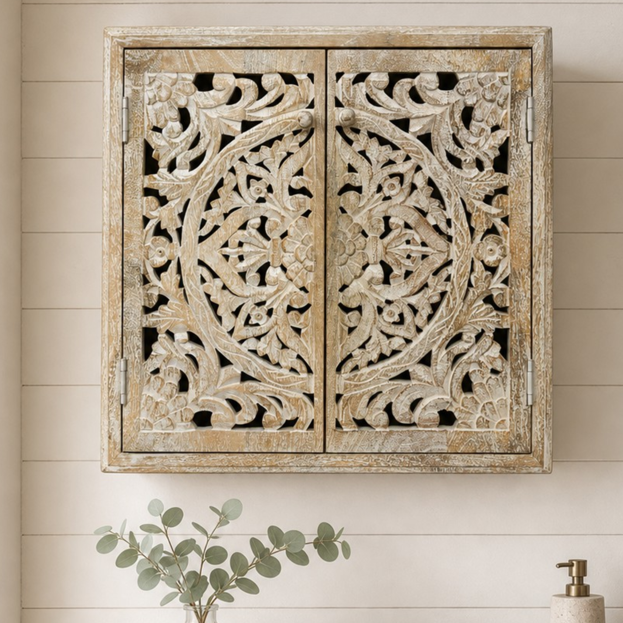 Handcrafted Mango Wood Bathroom Medicine Cabinet | Hand-Carved Cutout Doors
