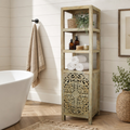 Handcrafted Mango Wood Linen Tower Cabinet | Hand-Carved Cutout Doors