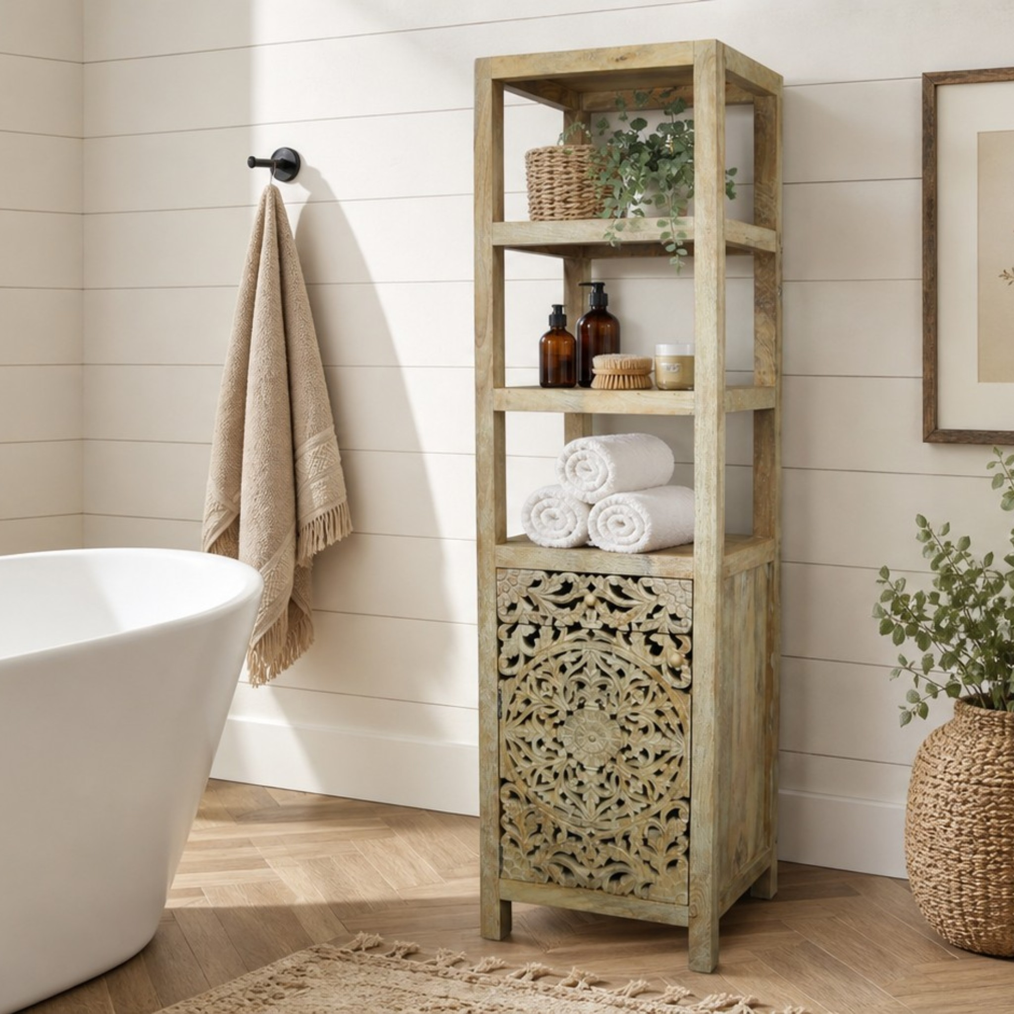 Handcrafted Mango Wood Linen Tower Cabinet | Hand-Carved Cutout Doors
