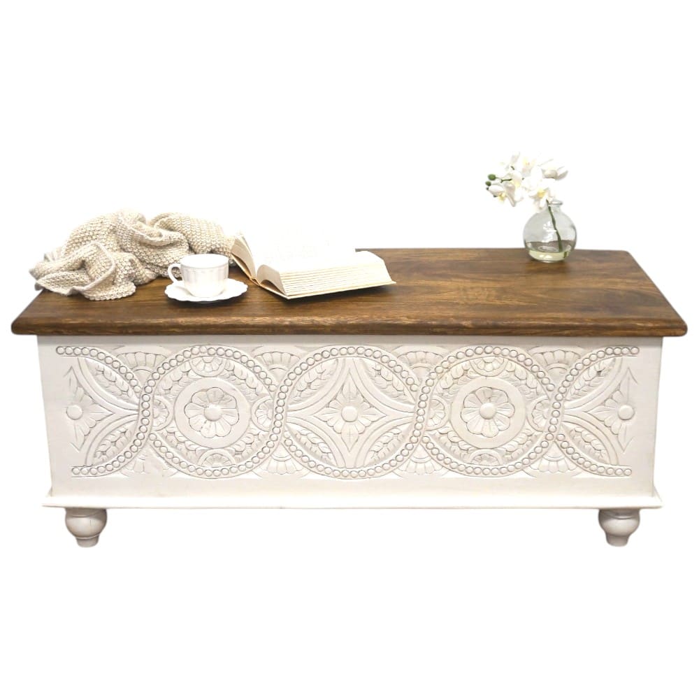 Hand-carved Bench Trunk Mandala Design image 1