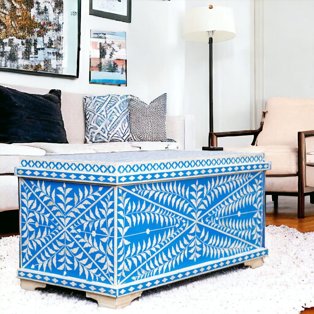 Blue and White Bone Inlay Ottoman 2 Sizes image 0