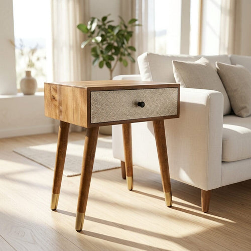 Hand Crafted Solid Wood Side Table with Metal Embossed Drawer image 1