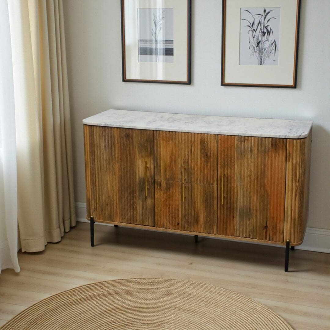 Natural Mango Wood Fluted Cabinet with Marble Top image 4