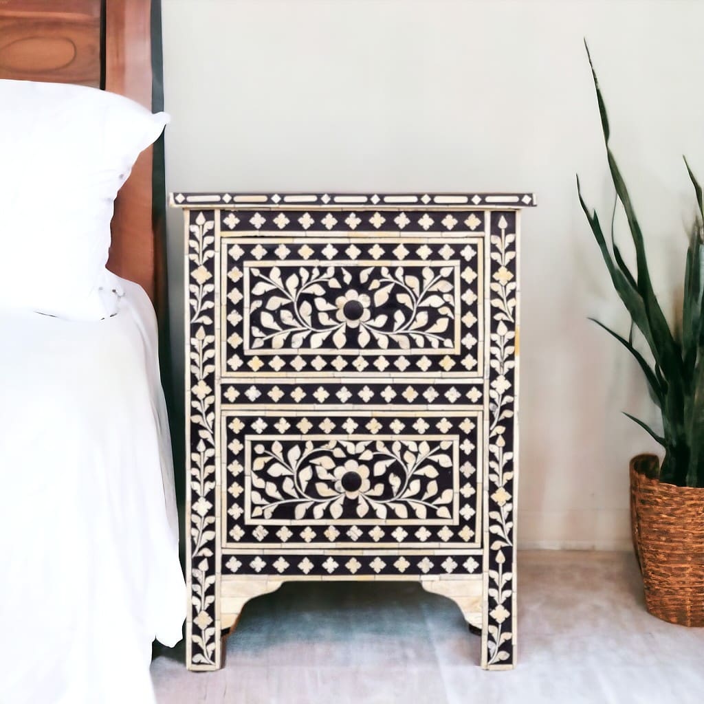 Black and White Floral Bone Inlay Nightstand image 0
