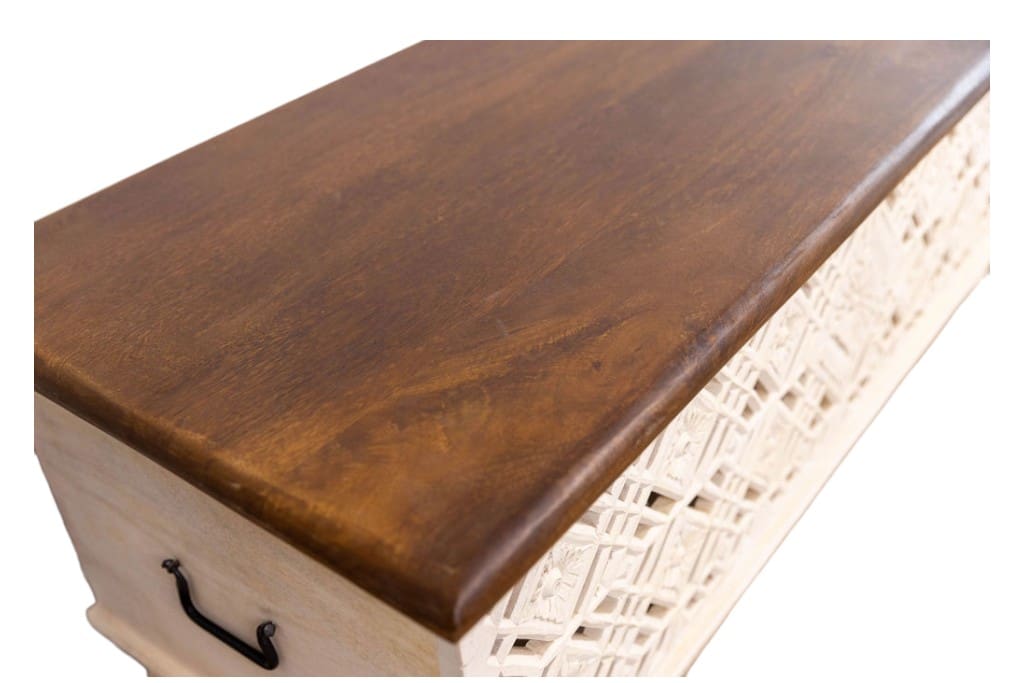 Hand-Carved Geometric Cut-Out Bench Trunk image 6