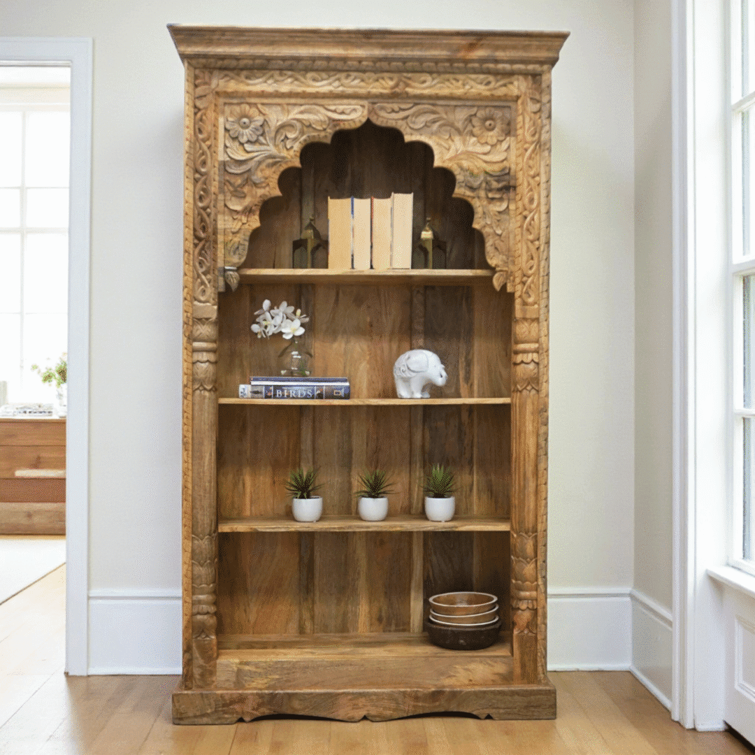 Hand-Carved Natural Mango Wood Bookcase image 0
