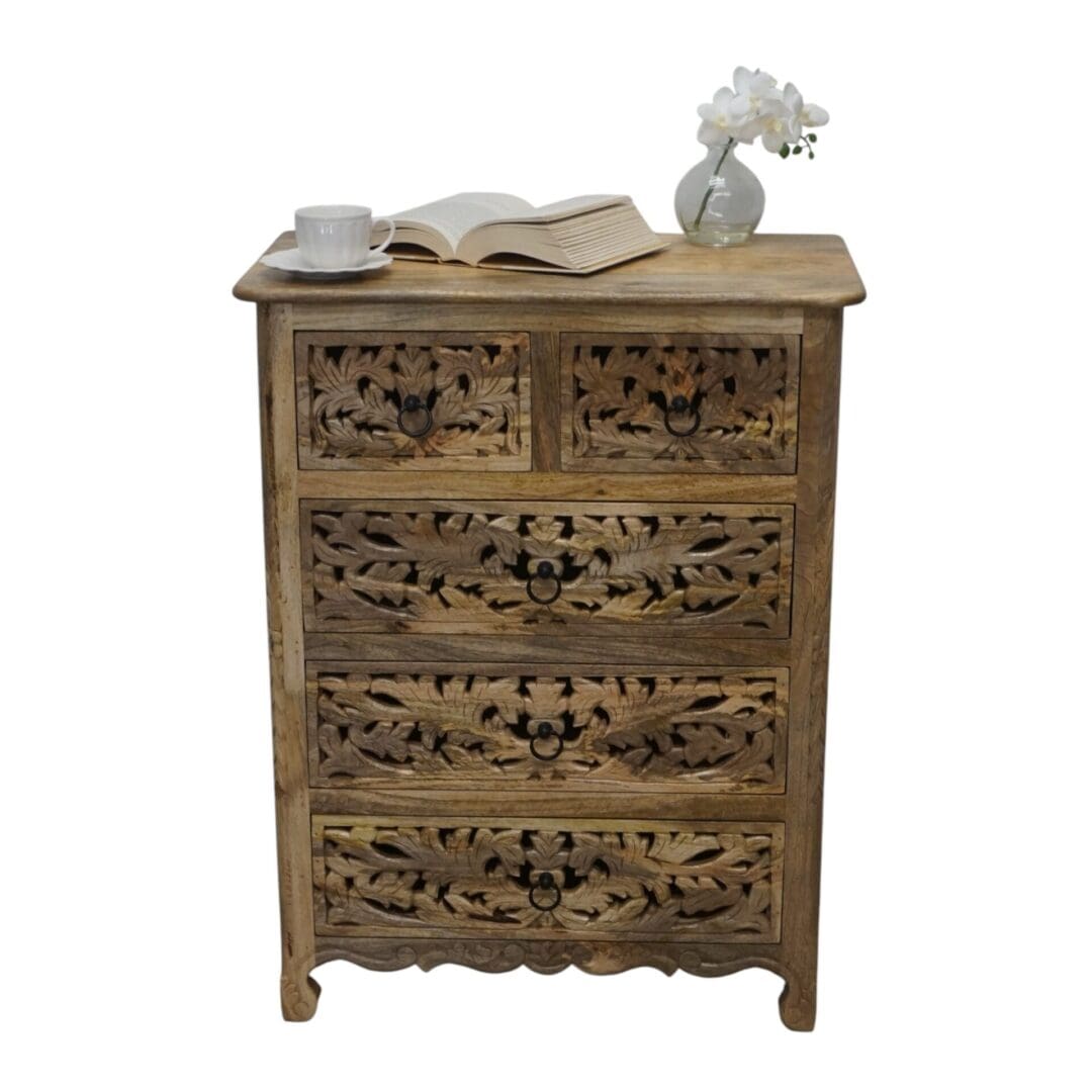 Hand-carved Natural Wood 5-Drawer Dresser image 13