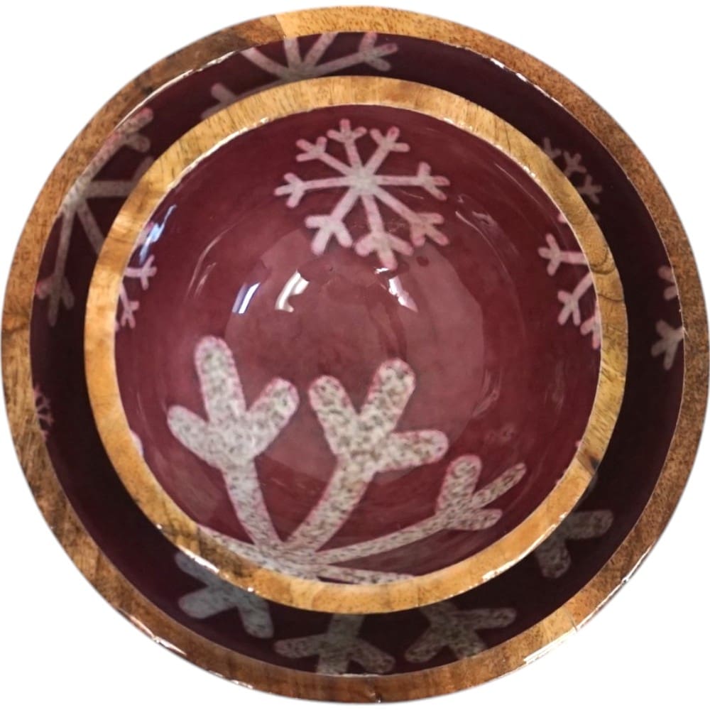 Set of 2 Winter Bowls in Natural Wood with Red and White Enamel image 5
