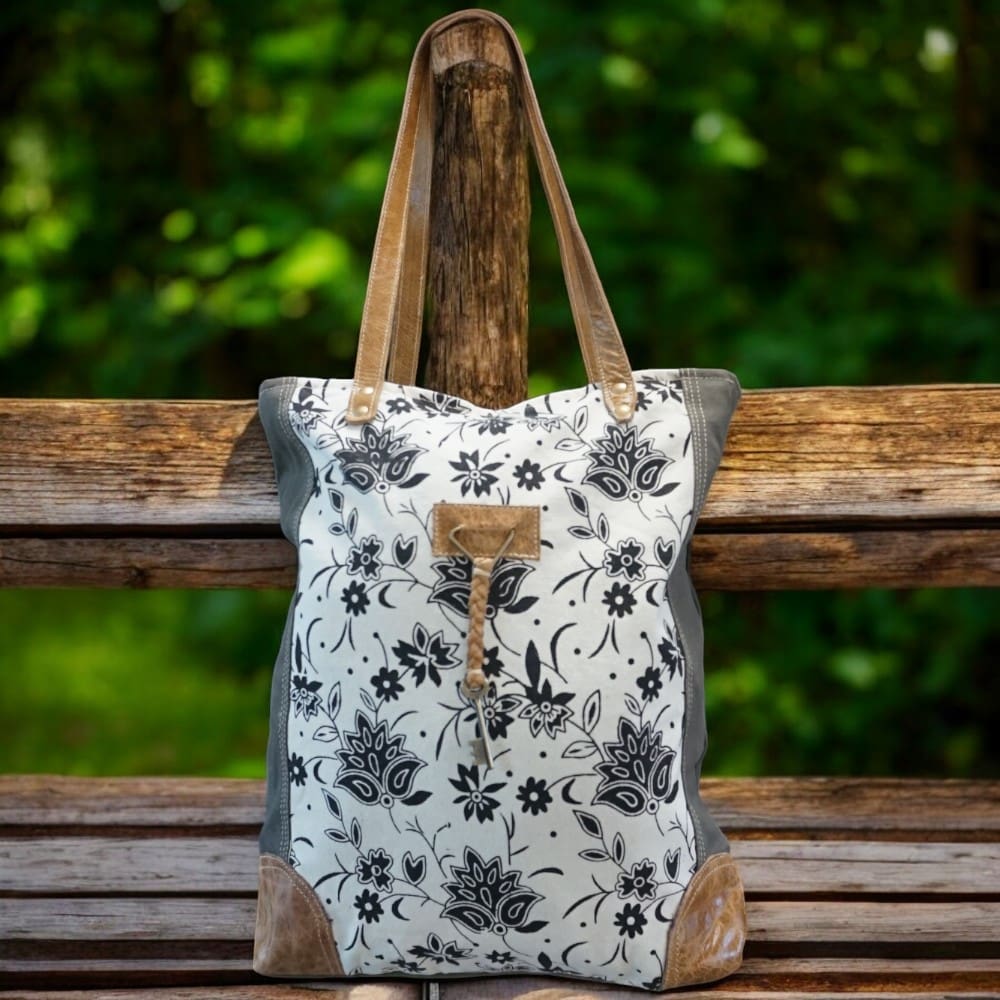 Cotton Canvas Sage Green and Floral Tote Bag image 0