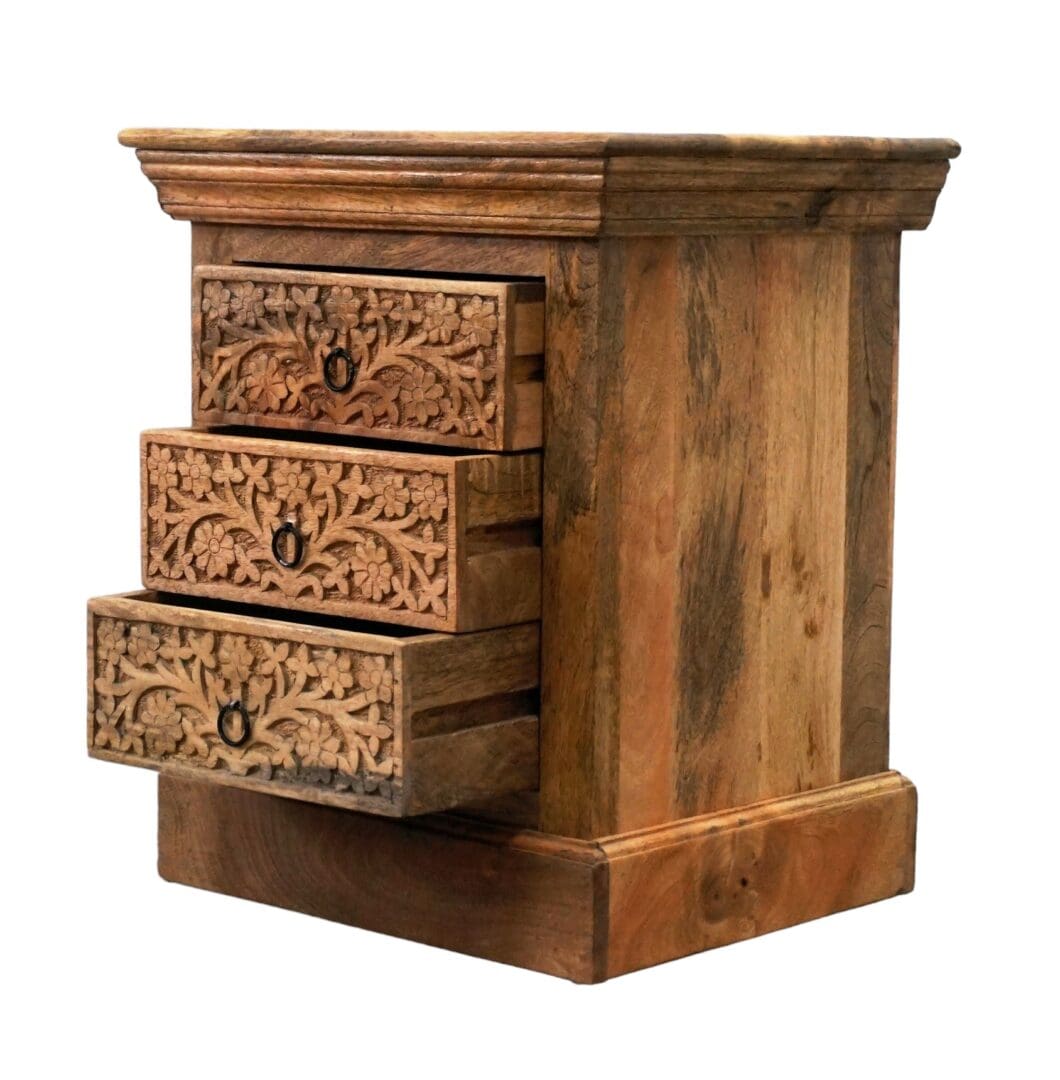 Natural Wood Nightstand Intricate Hand Carved 3 Drawers image 5