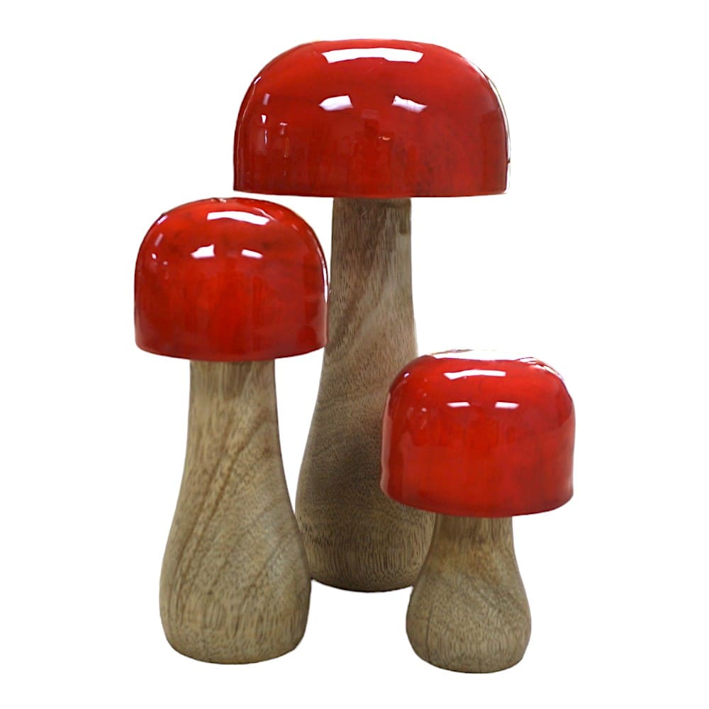 Hand-crafted Whimsical Wooden Mushrooms Set of 3 Red image 11