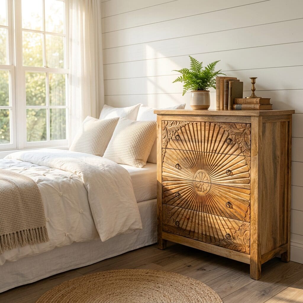 Hand-Carved Four Drawer Natural Wood Dresser image 5