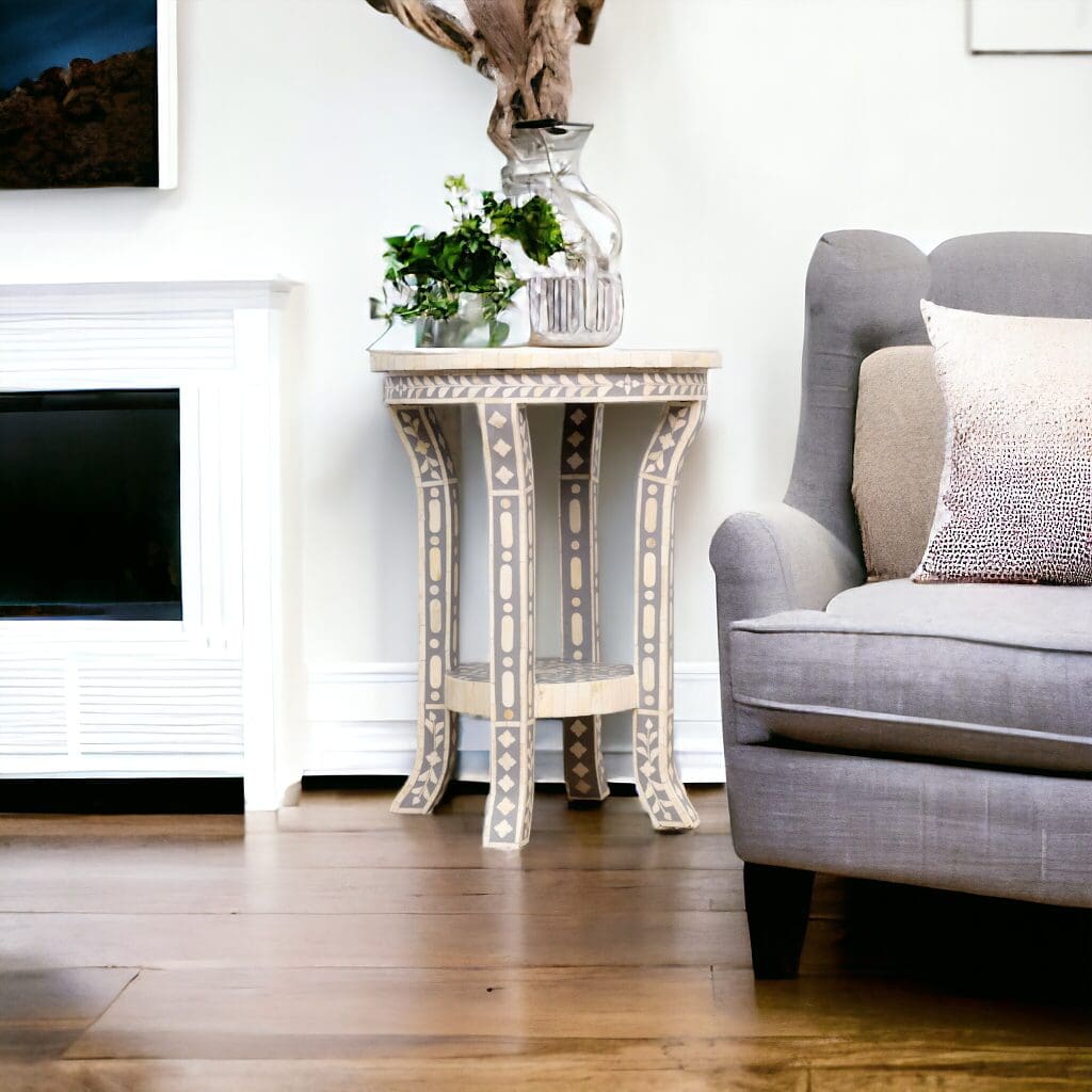 Gray and White Side Table Hand-Crafted Bone Inlay image 0